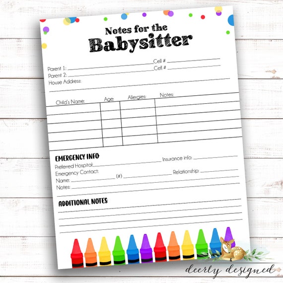 Child Info for Babysitter Nanny Form for Babysitter Child