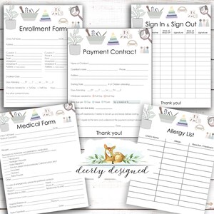 May include: Printable forms for a nursery or preschool. The forms include an enrolment form, payment contract, medical form, sign-in and sign-out sheet, and an allergy list. The forms are decorated with a cute woodland theme and feature illustrations of a deer, a tree, and a stack of colourful blocks.