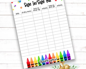 Crayons Sign In / Sign Out Sheet - Daycare Sign In Sheet - Preschool - Mother's Day Out - Summer Camp - Home daycare - Daycare Printable