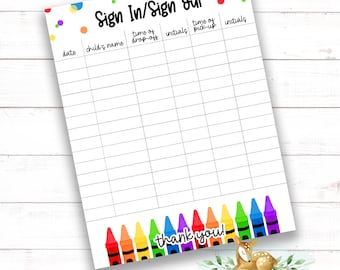 Crayons Sign In / Sign Out Sheet - Daycare Sign In Sheet - Preschool - Mother&#39;s Day Out - Summer Camp - Home daycare - Daycare Printable