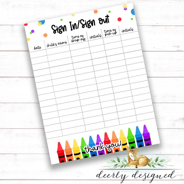 Crayons Sign In / Sign Out Sheet - Daycare Sign In Sheet - Preschool - Mother's Day Out - Summer Camp - Home daycare - Daycare Printable