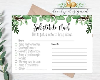Substitute Mail - Note from the Sub - Substitute Report - Good Report from Teacher Printable - Teacher Brag - Reward Note home - Brag Card