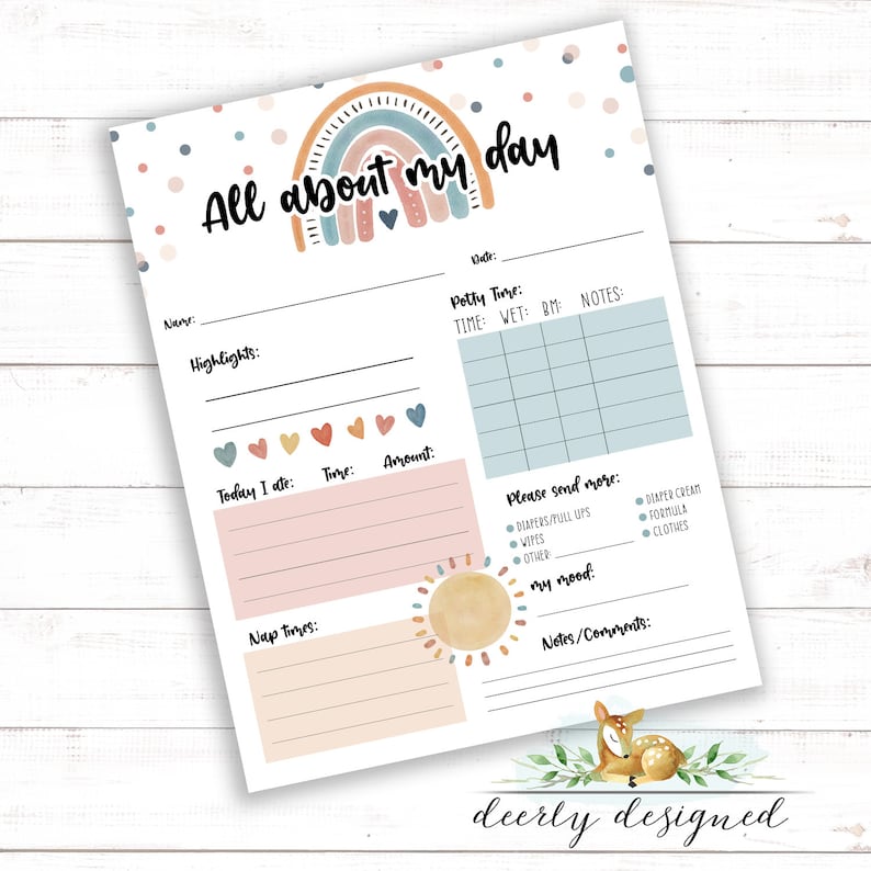 May include: A printable baby daily log with a rainbow and a deer illustration. The log includes sections for highlights, potty time, what the baby ate, nap times, mood, and notes.
