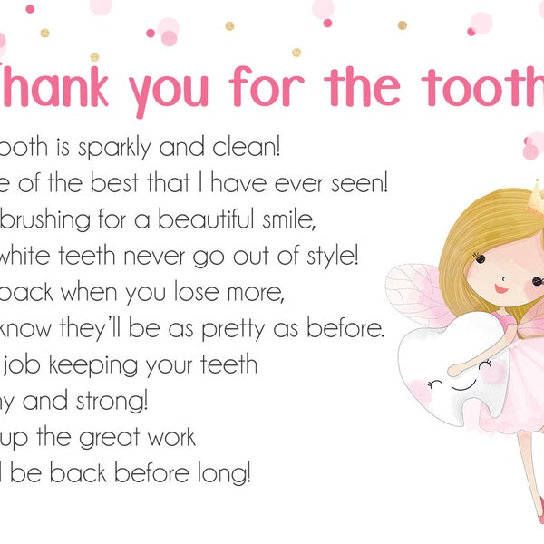 Note from the Tooth Fairy - Pink Girly Thank you for the Tooth - Thank you note - printable - instant download - Tooth Fairy - First tooth