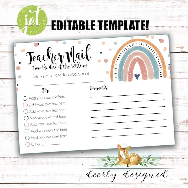 EDITABLE Boho Rainbow Teacher Mail TEMPLATE  - Note from the Teacher - Teacher mail -  Teacher Report - Good Report from Teacher Printable -