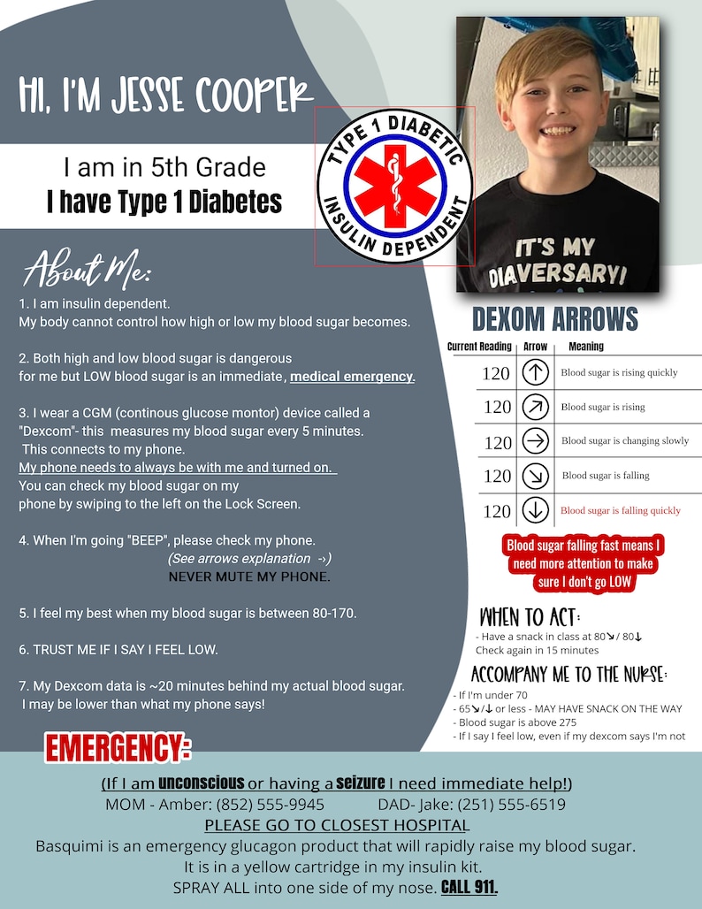 May include: A red and white medical symbol with a snake wrapped around a staff, inside a circle with the text "Type 1 Diabetic Insulin Dependent". The image also includes a photo of a young boy wearing a t-shirt that says "It's My Diaversary!" and a text document with information about Type 1 Diabetes.