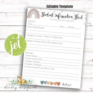EDITABLE Student Information Sheet - New Student - Back to school - Child Information Sheet - Editable text - Edit yourself - Teacher form