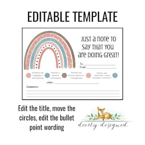 BEWERKBARE Boho Rainbow Teacher Feedback card TEMPLATE- Leraar Positieve Affirmatie - Teacher Walkthrough - Beheerders en directeuren