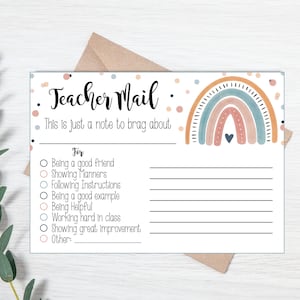 Boho Rainbow Teacher Mail - Nota do professor - Relatório do professor - Bom relatório do professor para impressão - Brag do professor - Nota de recompensa home