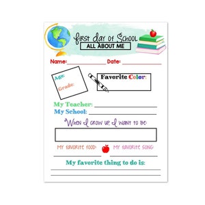 Colorful First Day Of School About Me Worksheet - Teacher Printable - PDF Instant Download - Not Editable Template