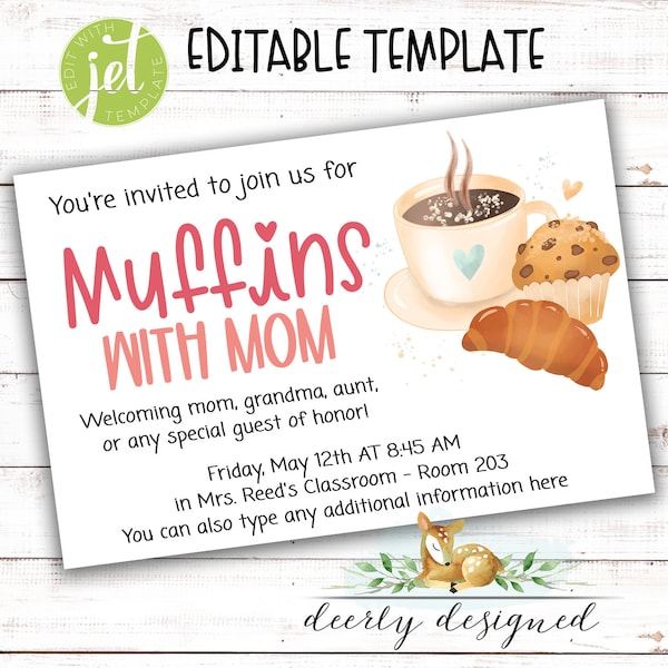 EDITABLE Muffins With Mom Invitation - Mother's Day - Editable Printable - Edit in your Browswer with JetTemplate - Mother's day template