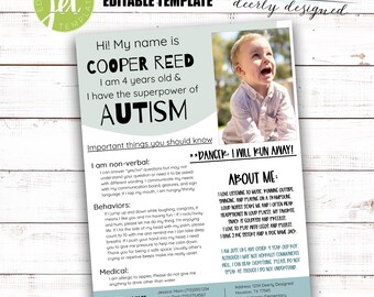 May include: A printable card with a photo of a young boy, titled "Hi! My name is COOPER REED. I am 4 years old & I have the superpower of AUTISM." The card includes information about the boy's non-verbal communication, behaviors, medical needs, and contact information for parents. The card also includes a section titled "About Me" with information about the boy's interests and personality.
