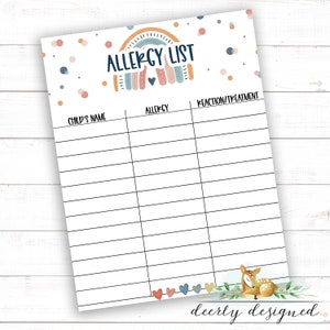 May include: Printable allergy list with a rainbow and heart design. The list has columns for child's name, allergy, and reaction/treatment. The bottom of the page has a cute deer illustration.