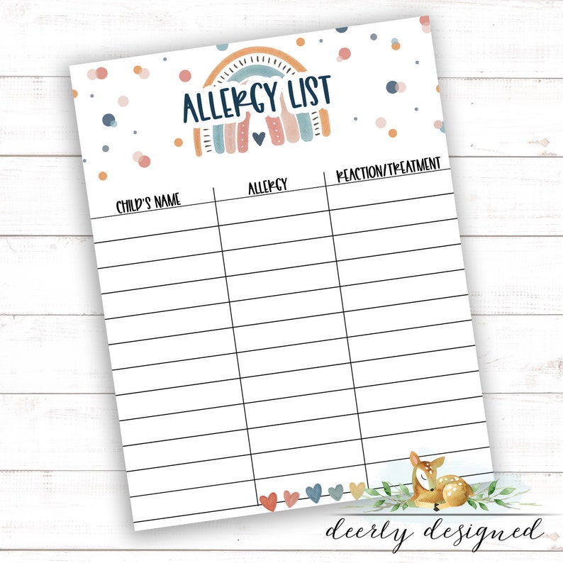 Boho Rainbow Allergy List Form Daycare Printable Daycare Etsy Boho rainbow allergy list form daycare printable daycare etsy