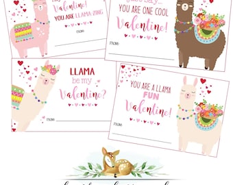 Pink and Red Llama Valentine Card Printables - Instant Download  - Printable - Set of 4 - Kid's printable Llama valentines day cards