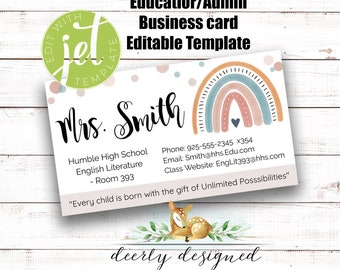 EDITABLE Teacher / Principal Business Contact Card - Editable Business Card Template for Teachers, Daycare, Home Daycare, Principal, Admin