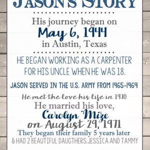 May include: A personalized memorial sign with the text "JASON'S STORY" and a smiling man's photo. The sign details his life, including birthdate, career, marriage, family, and interests. It ends with his passing date.