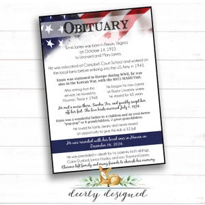 Veteran Military Obituary Keepsake | Celebration of Life | Funeral Memorial Service Program  | Obituary | Veteran | American Flag | Service