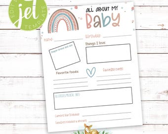 May include: Printable "All About My Baby" journal page with a rainbow and polka dot design. The page includes sections for name, birthday, diaper brand and size, favorite foods, favorite songs, allergies/medical info, current nap schedule, and feeding schedule and amount.