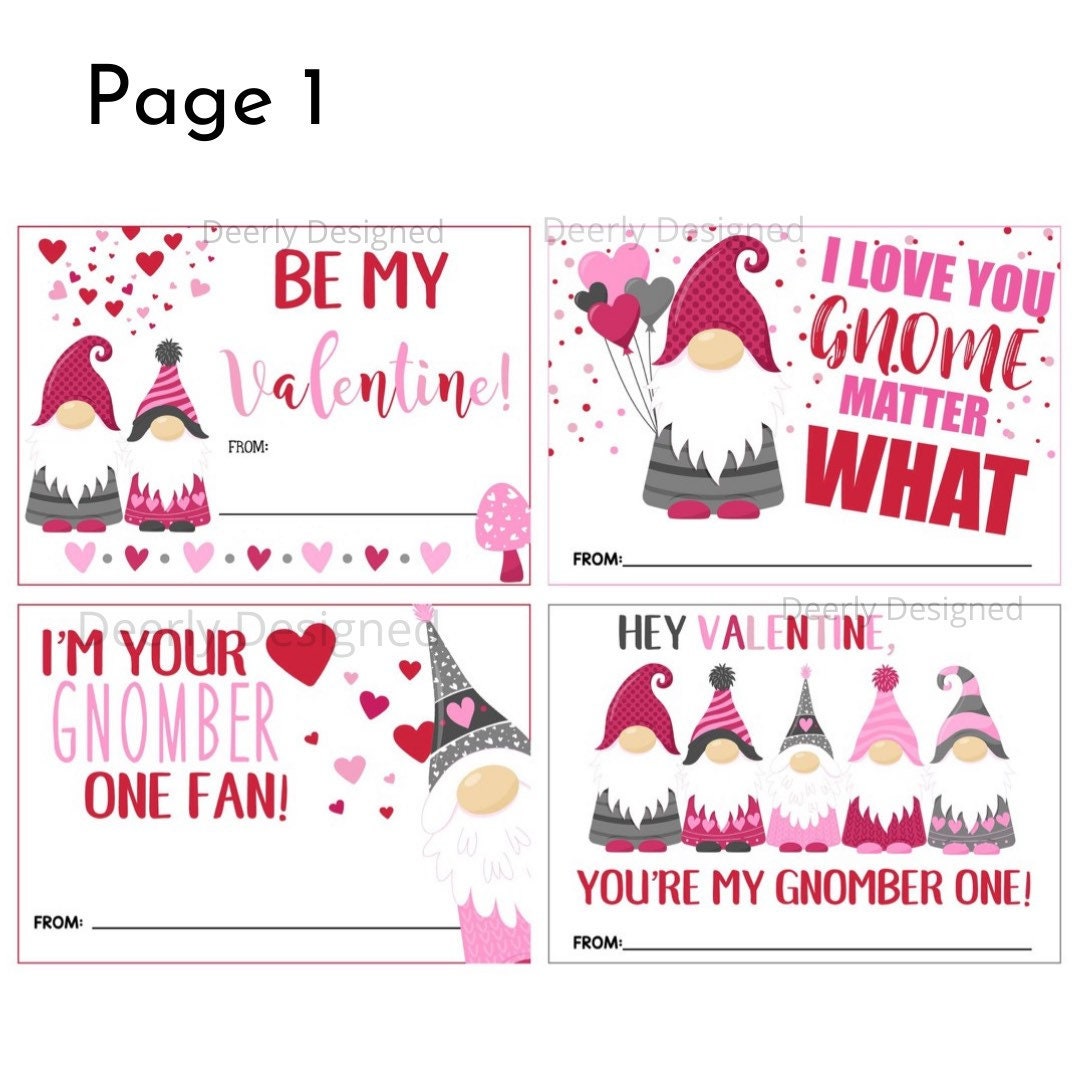 8 Gnome Valentines Day Cards Instant Download Printable Set of 8 Vday ...