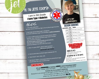 T1D Medical Alert Information - Child Information - Emergency Contact - Medical Info - Type 1 Diabetes - Editable Template - T1D Information