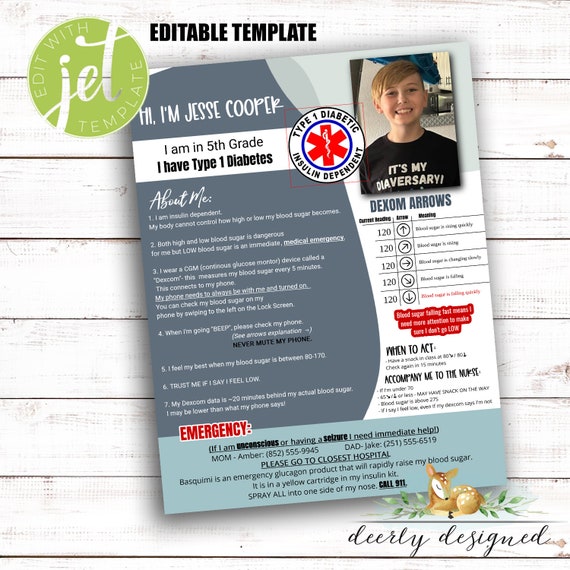 T1D Medical Alert Information - Child Information - Emergency Contact - Medical Info - Type 1 Diabetes - Editable Template - T1D Information