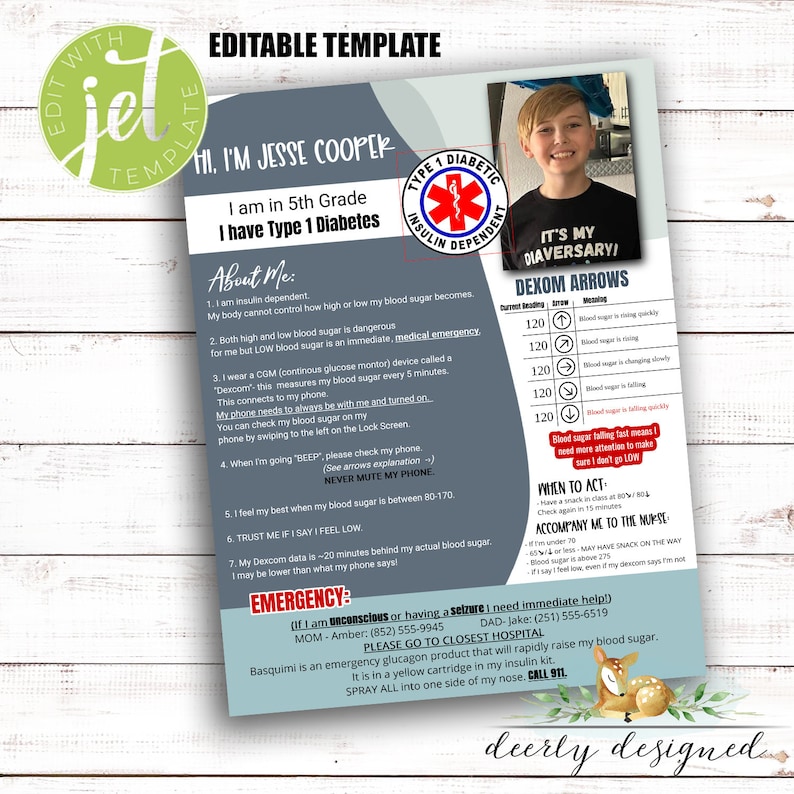 May include: A printable card with a photo of a young boy, a blue and gray background, and the text "Hi, I'm Jesse Cooper. I am in 5th Grade. I have Type 1 Diabetes." The card also includes information about Type 1 Diabetes and how to help in an emergency.