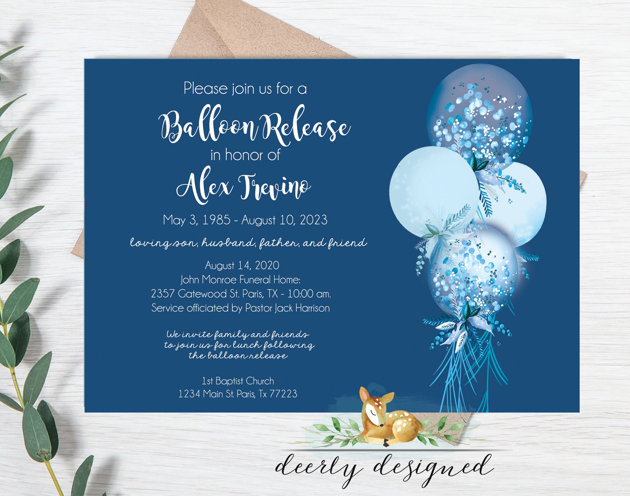 Blue Balloon Release Invitation Announcement | Memorial Service | Funeral  Invitation | Celebration of Life by Deerly Designed | Masculine - Etsy  Australia