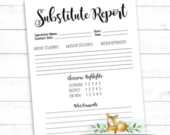 Substitute Report - Sub Mail - Note from Substitute - Substitute Binder - Sub binder - report - Black and White - Minimalist - Simple Print