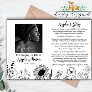 Programme funéraire Boho Minimalist Flower | Carte commémorative imprimable | Nécrologie | Service de célébration de la vie | Service commémoratif noir et blanc