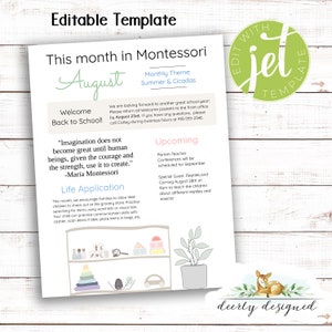 May include: A printable Montessori school newsletter for August with a summer and cicadas theme. The newsletter includes information about upcoming events, including parent-teacher conferences and a special guest visit from ReptileLand. The newsletter also includes a quote from Maria Montessori about imagination.