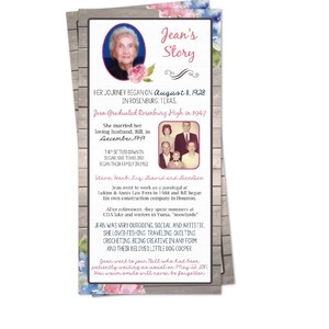 May include: A memorial card with a woodgrain background and floral accents. The card features a photo of a woman and text that reads "Jean's Story". The text includes details about her life, including her birthdate, marriage, and family.