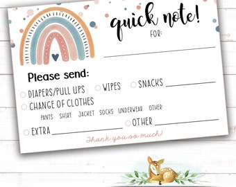 Quick Note! Daycare Note Home - Cute Boho Rainbow Daycare Card - Communication Card - Daycare folder - Preschool Folder - Daycare Mail