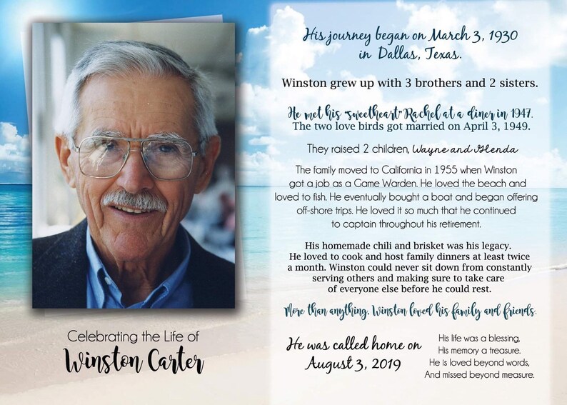 The Story Ocean Beach Funeral Program Printable Memorial Card Obituary Celebration Of Life Order Of Service Memory Card