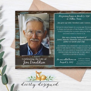 Programa funerario de madera rústica / Tarjeta conmemorativa imprimible / Obituario / Celebración de la vida - Orden de servicio / Género neutral / Verde azulado y verde