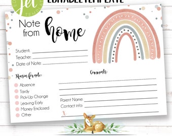 EDITABLE School Note From Home - Absence - Tardy - Parent Note for Teacher - School Note - Parent Teacher Communication - Editable Template