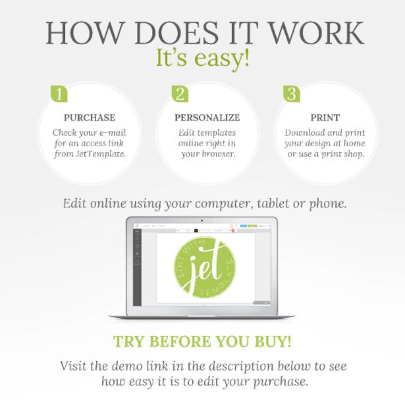 May include: A graphic showing how to use a digital template. The steps are purchase, personalize, and print. The image shows a laptop screen with a green circle that says "Edit with Jet Template".
