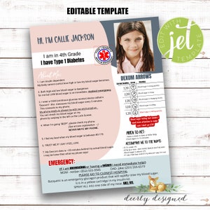 Información de alerta médica rosa sobre diabetes tipo 1, Información del niño, Contacto de emergencia, Información médica, Diabetes tipo 1, Plantilla editable, Información sobre diabetes tipo 1