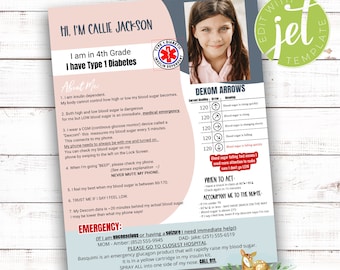 Pink T1D Medical Alert: Child Emergency Information (Editable Template)