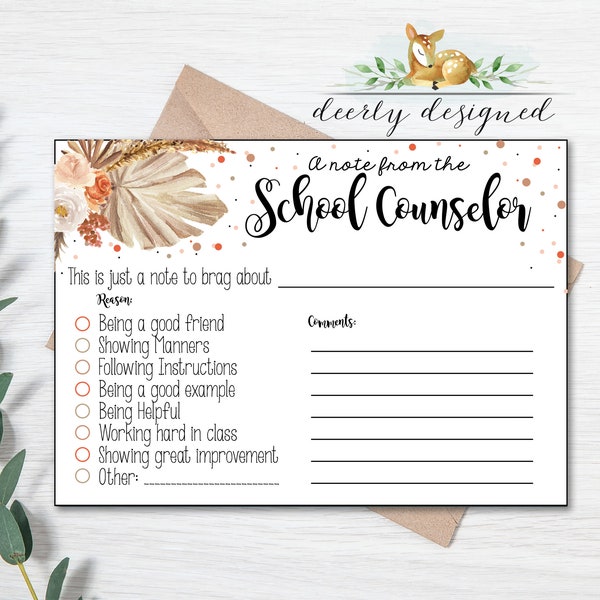 Boho Leaf School Counselor - Note from the Counselor - Report - Good Report from Teacher Printable - Teacher Brag - Reward Note - Pampas