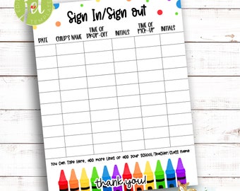 EDITABLE sign in / sign out sheet for Daycare - School - Mother's Day out - Home daycare - Preschool - Kindergarten - Elementary - Printable