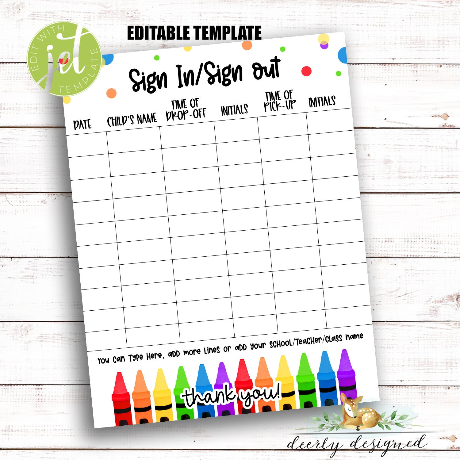 EDITABLE sign in / sign out sheet for Daycare - School - Mother's Day out - Home daycare - Preschool - Kindergarten - Elementary - Printable