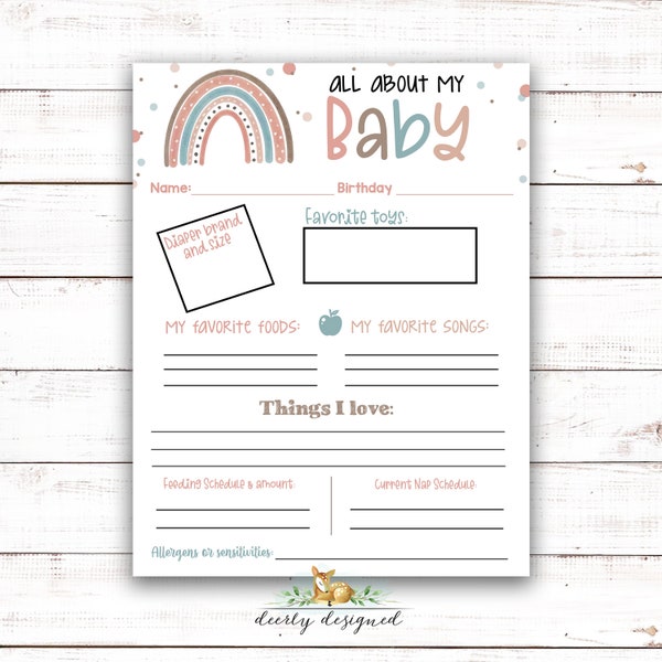 Baby Information - About my Baby - Daycare, Babysitter, childcare form - Home daycare - Infant care - School - Child information - printable
