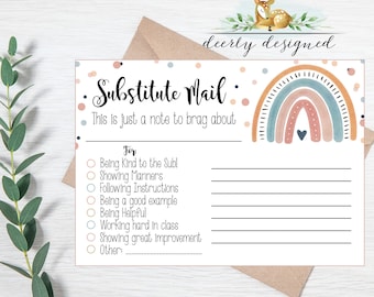 Substitute Mail Boho Rainbow Sub Note - Substitute Report - Good Report from Teacher Printable - Teacher Brag - Reward Note home - Brag Card