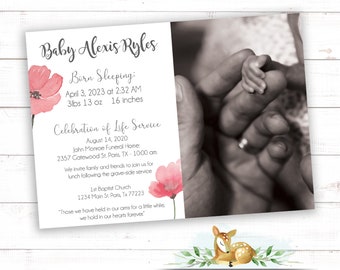 May include: A pink and green floral design with a deer illustration at the bottom. The text reads "Baby Alexis Ryles" and includes details about her birth and a celebration of life service.