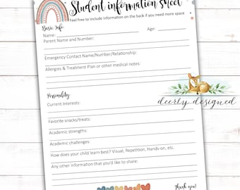 May include: A printable student information sheet with a rainbow and deer illustration. The sheet includes sections for basic info, personality, and allergies. It also asks for information about the student's favorite snacks, academic strengths, and how they learn best.