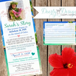 May include: A memorial card with a photo of a woman in a floral lei, a pink and blue tropical background, and the text "Sarah's Story". The card includes details about her life, including her birthdate, marriage date, and passing date. The text "Write a memory of Sarah" is at the top of a blank space for writing.