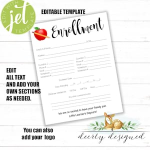 May include: A white printable enrollment form with the word "Enrollment" in large, elegant script. The form includes fields for child's information, guardian details, and daycare information. A red apple and pencil graphic is in the upper left corner.