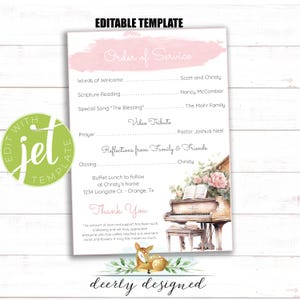 Puede incluir: Plantilla editable para el orden del servicio con un fondo de acuarela rosa y un piano con flores en la parte superior. El texto incluye "Orden del servicio", "Palabras de bienvenida", "Lectura de la Escritura", "Canción especial", "Oración", "Tributo en video", "Reflexiones de la familia y los amigos", "Cierre", "Almuerzo buffet a continuación en la casa de Christy", "1234 Liongate Ct. - Orange, Tx", y "Gracias".