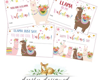 Colorful Llama Valentine Card Printables - Instant Download  - Printable - Set of 4 - Kid's printable Llama valentines day cards